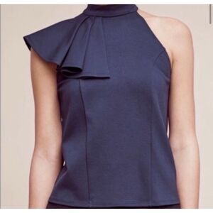 Anthropologie Eri + Ali Marin Nobility Halter Top Navy Blue Sleeveless Zip Ruffl